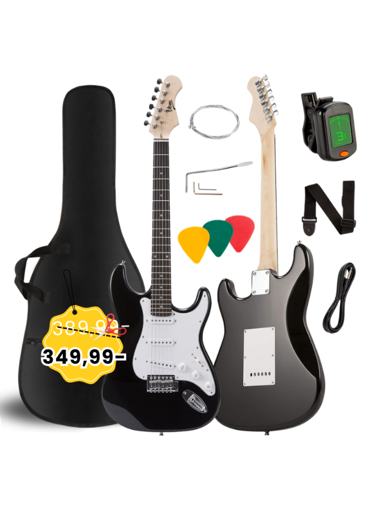 V-TONE EG 39 BK gitara elektryczna 4/4 stratocaster 39" SSS pokrowiec pasek przewód jack-jack tuner kostki do gry struny ramię tremolo klucze imbusowe zestaw
