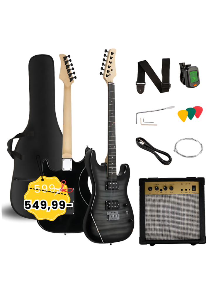 V-TONE EGW 39 GY gitara elektryczna 4/4 stratocaster 39" HH wzmacniacz pokrowiec pasek przewód jack-jack tuner kostki do gry struny ramię tremolo klucze imbusowe zestaw
