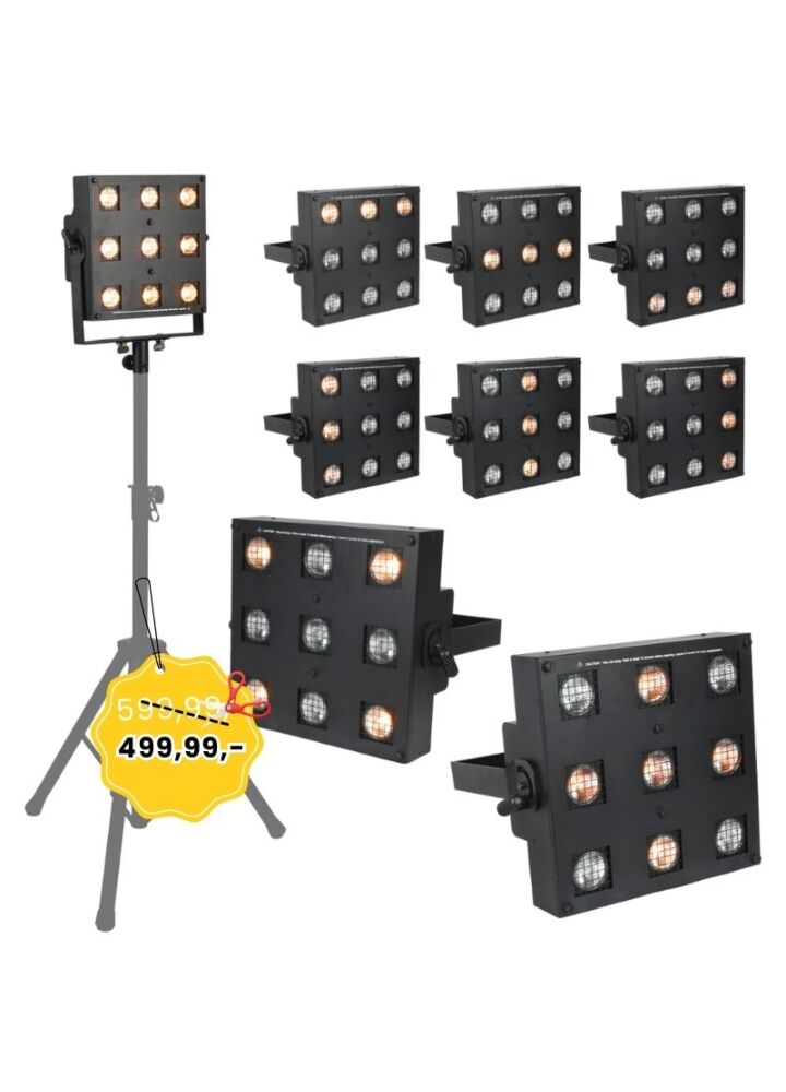 LIGHT4ME SUN PANEL blinder halogenowy oświetlenie sceniczne retro vintage DMX 9x35W WW GU10 ciepła biel uchwyt montażowy