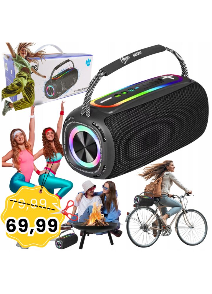V-TONE BWS210 BK głośnik Bluetooth bezprzewodowy przenośny czarny akumulatorowy USB microSD AUX MP3 FM 2x10W