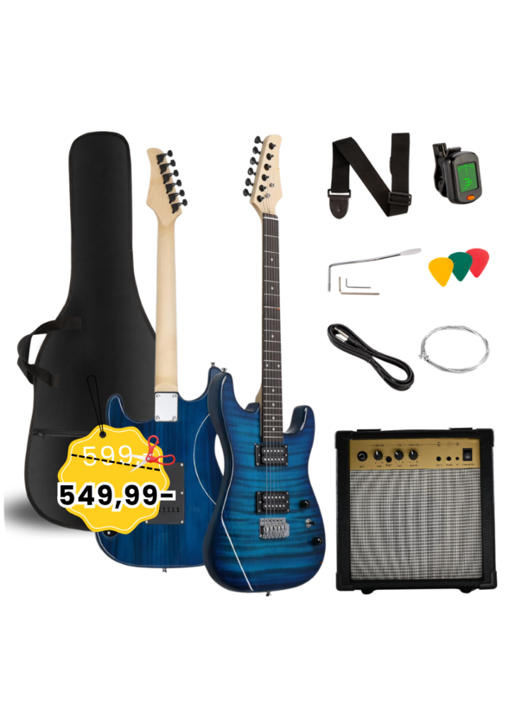 V-TONE EGW 39 BL gitara elektryczna 4/4 stratocaster 39" HH wzmacniacz pokrowiec pasek przewód jack-jack tuner kostki do gry struny ramię tremolo klucze imbusowe zestaw