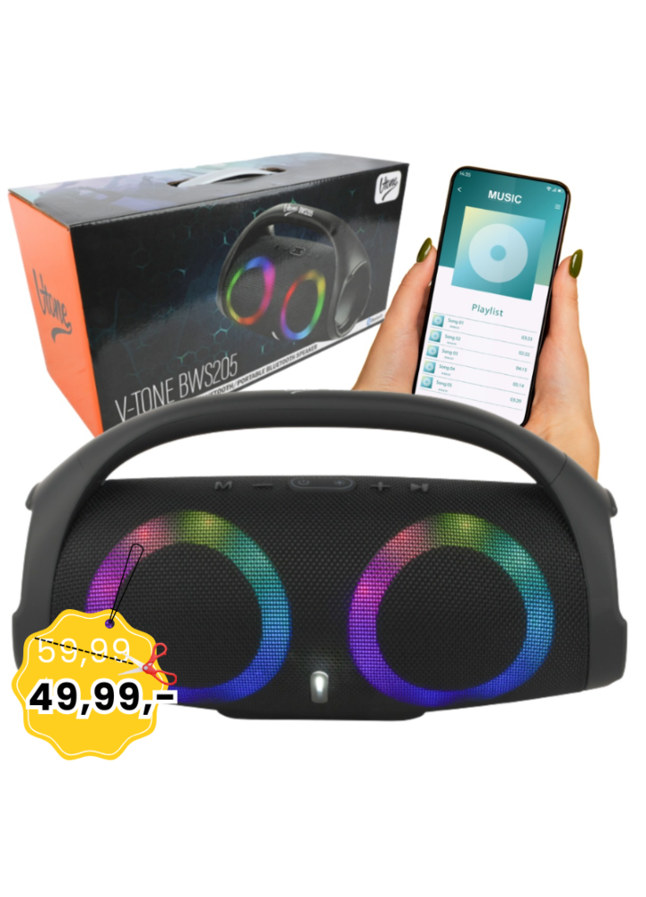 V-TONE BWS205 BK głośnik Bluetooth bezprzewodowy przenośny czarny akumulatorowy USB microSD AUX MP3 FM 2x5W