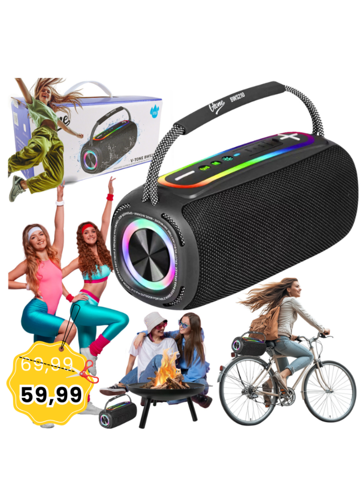 V-TONE BWS210 BK głośnik Bluetooth bezprzewodowy przenośny czarny akumulatorowy USB microSD AUX MP3 FM 2x10W