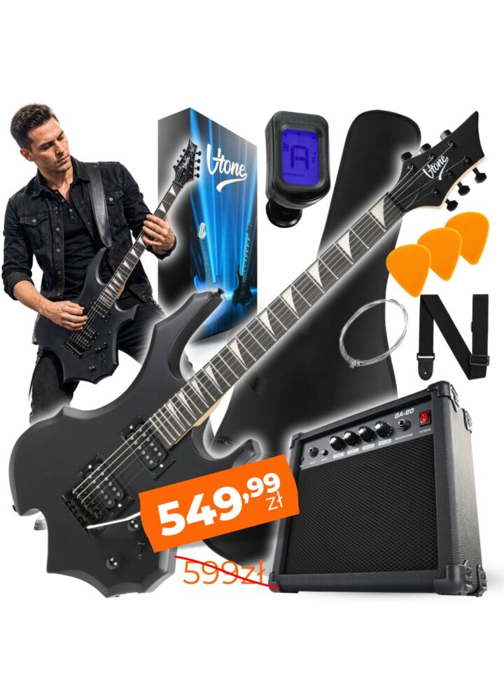 V-TONE EGS 39 MBK gitara elektryczna 4/4 czarny mat 39" HH wzmacniacz pokrowiec pasek przewód jack-jack tuner kostki do gry struny ramię tremolo klucze imbusowe zestaw