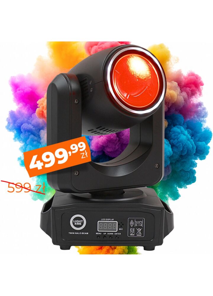 LIGHT4ME TWIN HALO BEAM podwójna głowica ruchoma beam 2x60W RGBW LED oświetlenie sceniczne DMX efekt ring 40x0,3W RGB SMD uchwyt montażowy omega