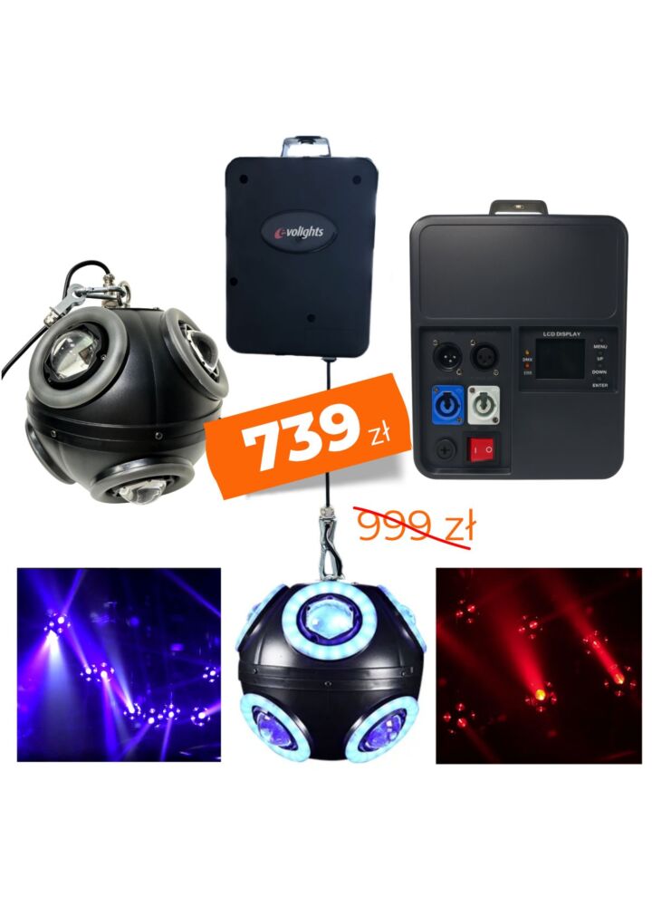 EVOLIGHTS COSMIC BALL multiefekt świetlny DMX oświetlenie sceniczne dyskotekowe klubowe LED 360° beam ring regulowana wysokość 0-3 m 8x10W RGBW+96x0,5W RGB SMD 5050