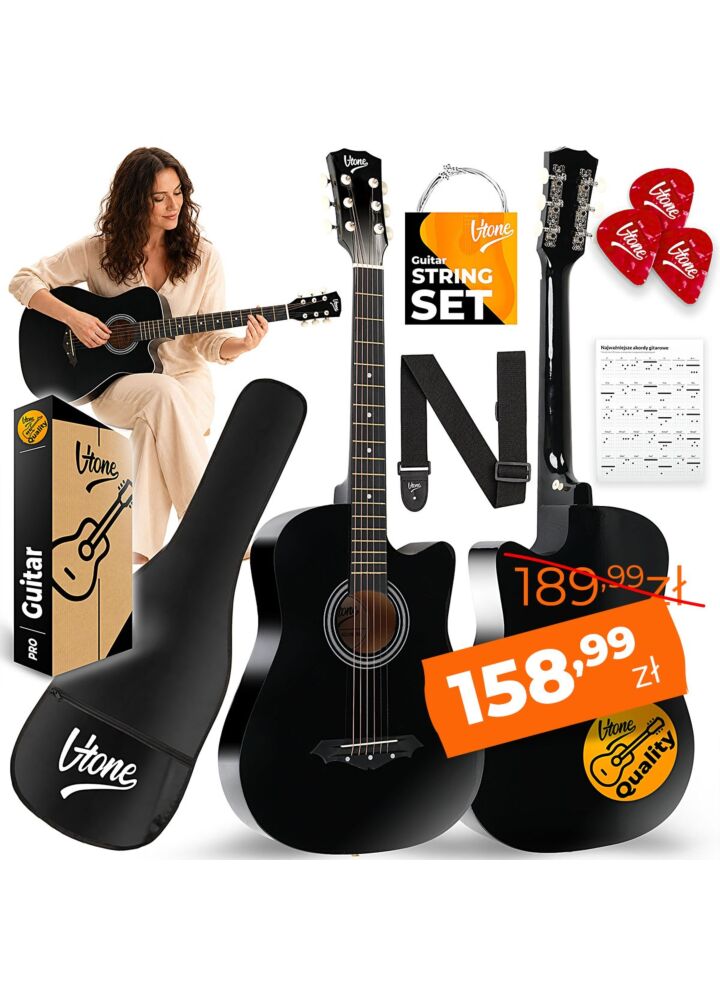 V-TONE AG ONE BK gitara akustyczna 4/4 czarna do nauki dla początkujących kostki pasek zapasowe struny pokrowiec akordy zestaw