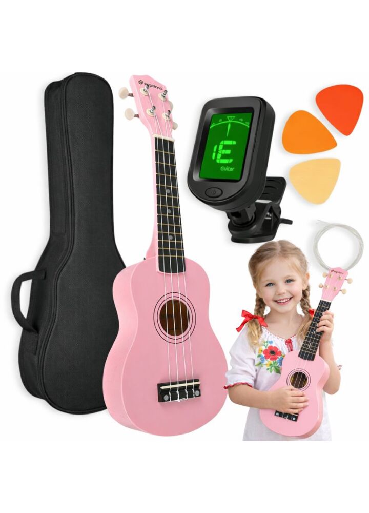 SUPRIMO UK21 SET PK ukulele sopranowe 21" różowe drewniane pokrowiec 3 kostki do gry zapasowe struny tuner zestaw dla dzieci do nauki gry