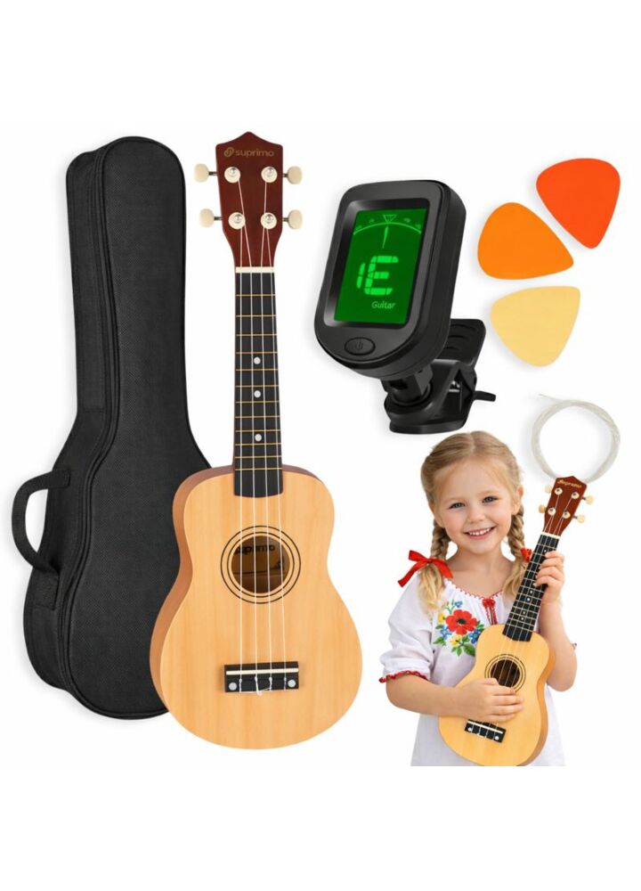 SUPRIMO UK21 SET NW ukulele sopranowe 21" naturalne drewno pokrowiec 3 kostki do gry zapasowe struny tuner zestaw dla dzieci do nauki gry