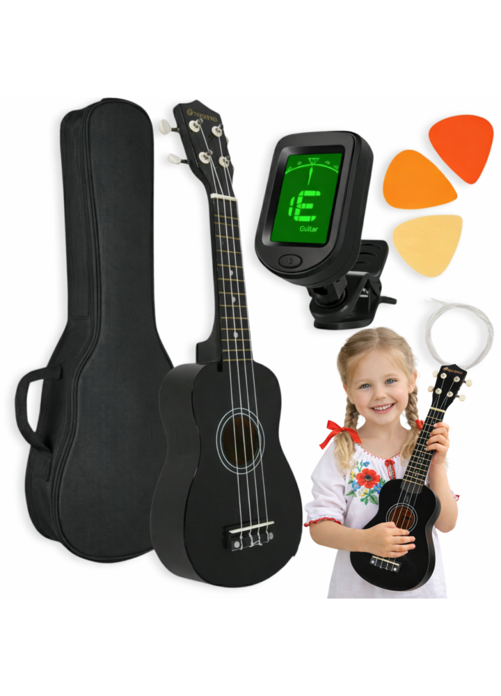 SUPRIMO UK21 SET BK ukulele sopranowe 21" czarne drewniane pokrowiec 3 kostki do gry zapasowe struny tuner zestaw dla dzieci do nauki gry