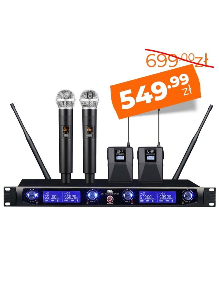 DNA WM4 VOCAL HEAD SET MIX mikrofon bezprzewodowy 2x nadajnik doręczny 2x nadajnik nagłowny + bodypack podwójny zestaw system nagłośnienia