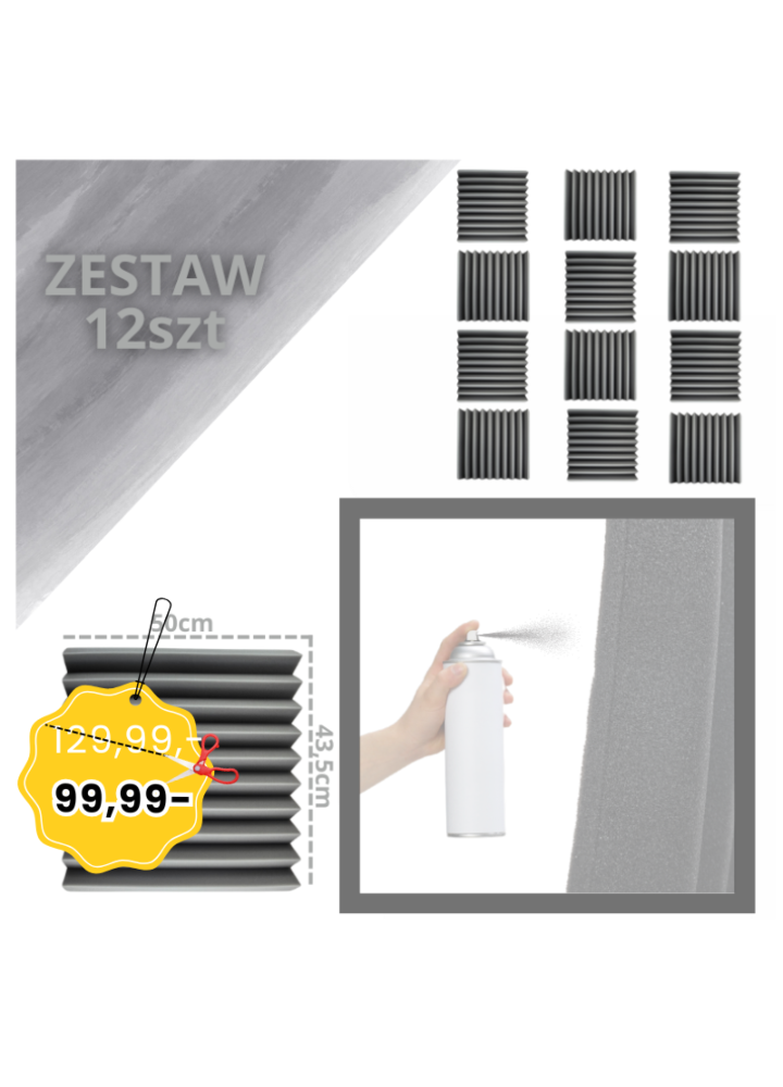 DNA AM1 panel akustyczny zestaw 12 szt. szary pianka mata wygłuszająca redukcja echa pogłosu