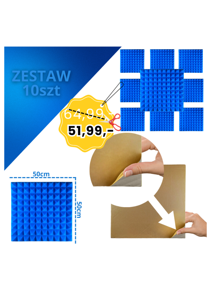 DNA AM2 BL panel akustyczny zestaw 10 szt. niebieski samoprzylepna pianka mata wygłuszająca redukcja echa pogłosu