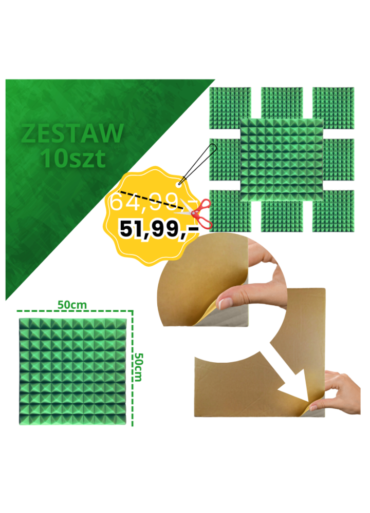 DNA AM2 GN panel akustyczny zestaw 10 szt. zielony samoprzylepna pianka mata wygłuszająca redukcja echa pogłosu