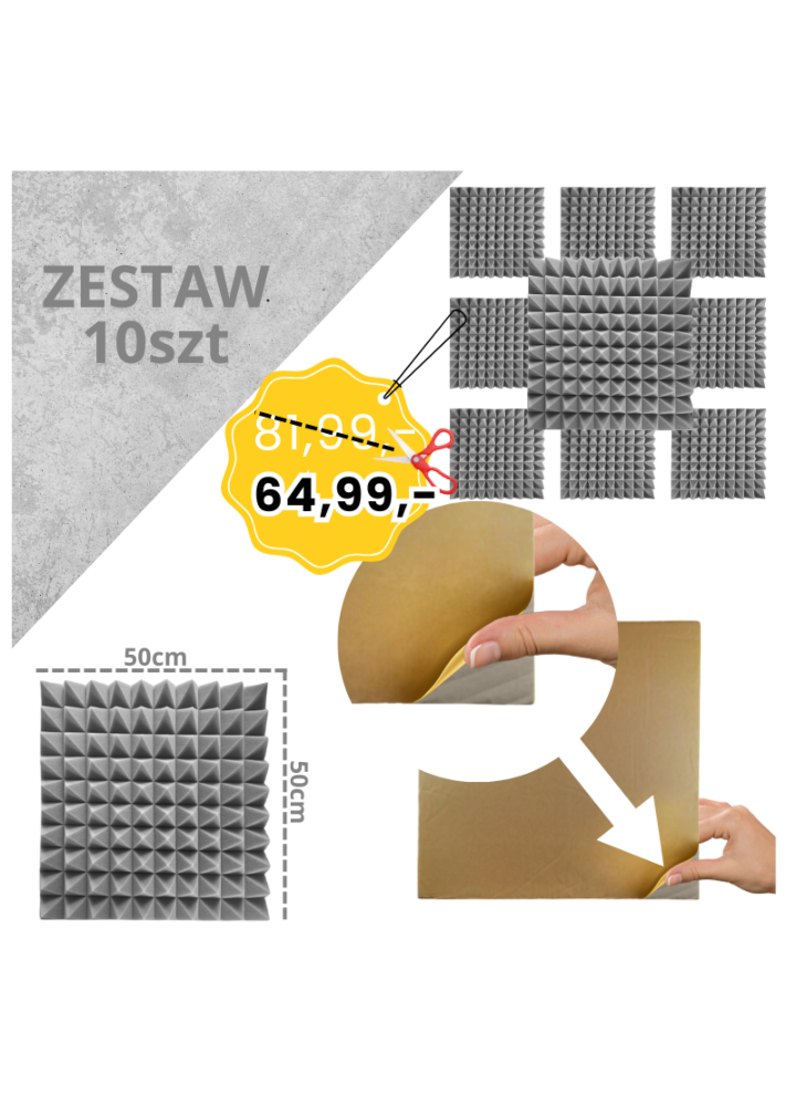 DNA AM2 GY panel akustyczny zestaw 10 szt. szary samoprzylepna pianka mata wygłuszająca redukcja echa pogłosu