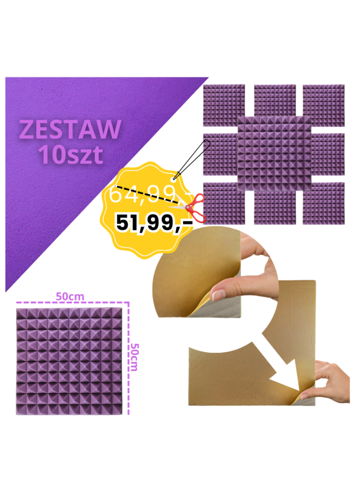 DNA AM2 PR panel akustyczny zestaw 10 szt. fioletowy samoprzylepna pianka mata wygłuszająca redukcja echa pogłosu