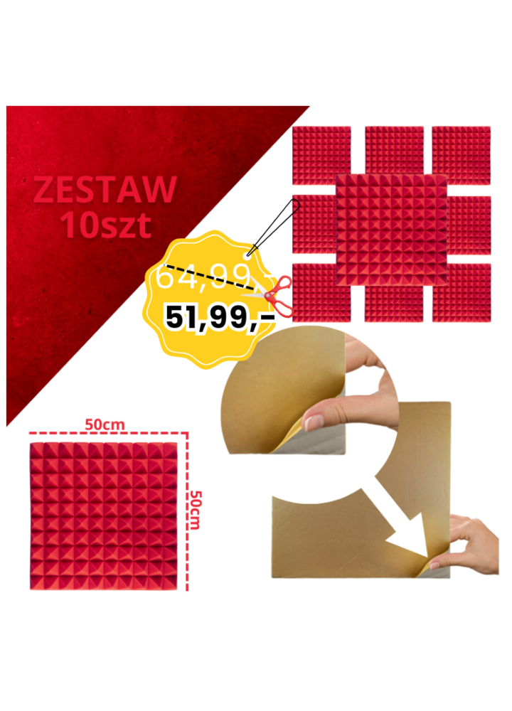 DNA AM2 RD panel akustyczny zestaw 10 szt. czerwony samoprzylepna pianka mata wygłuszająca redukcja echa pogłosu