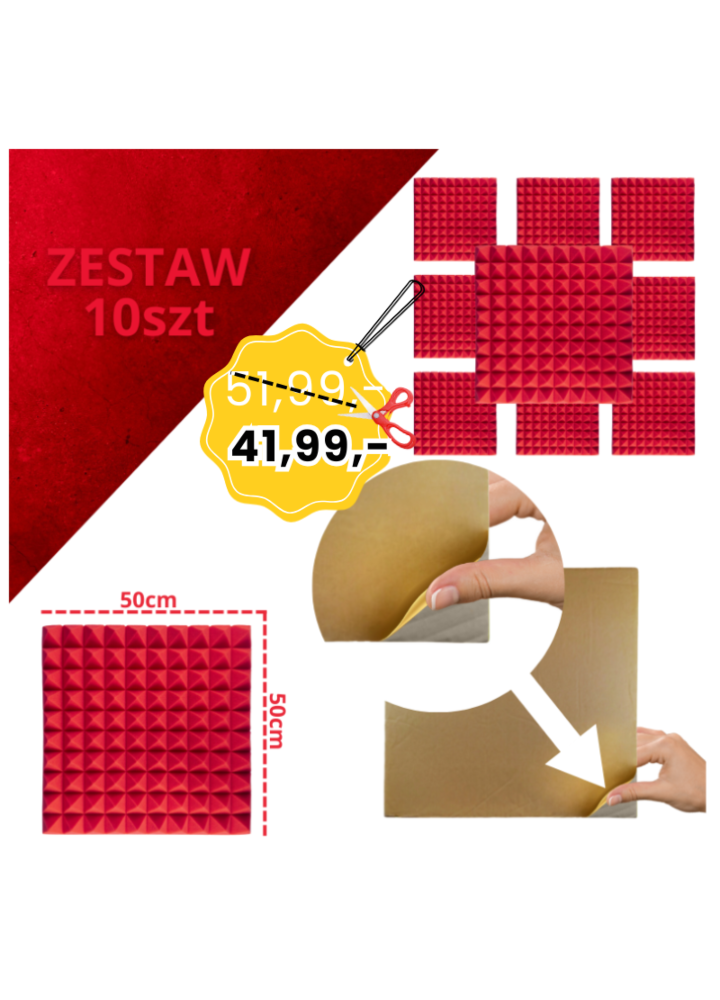 DNA AM2 RD panel akustyczny zestaw 10 szt. czerwony samoprzylepna pianka mata wygłuszająca redukcja echa pogłosu
