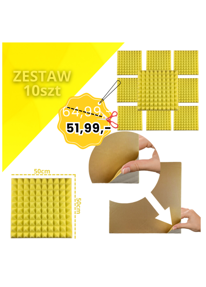 DNA AM2 YL panel akustyczny zestaw 10 szt. żółty samoprzylepna pianka mata wygłuszająca redukcja echa pogłosu