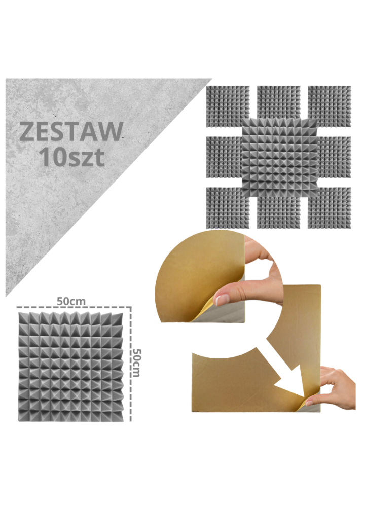 DNA AM2 GY panel akustyczny zestaw 10 szt. szary samoprzylepna pianka mata wygłuszająca redukcja echa pogłosu