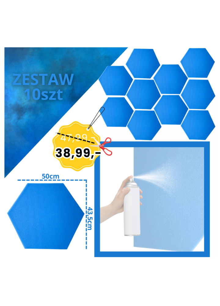 DNA AM3 BL panel akustyczny zestaw 10 szt. niebieski sześciokątny pianka mata wygłuszająca redukcja echa pogłosu