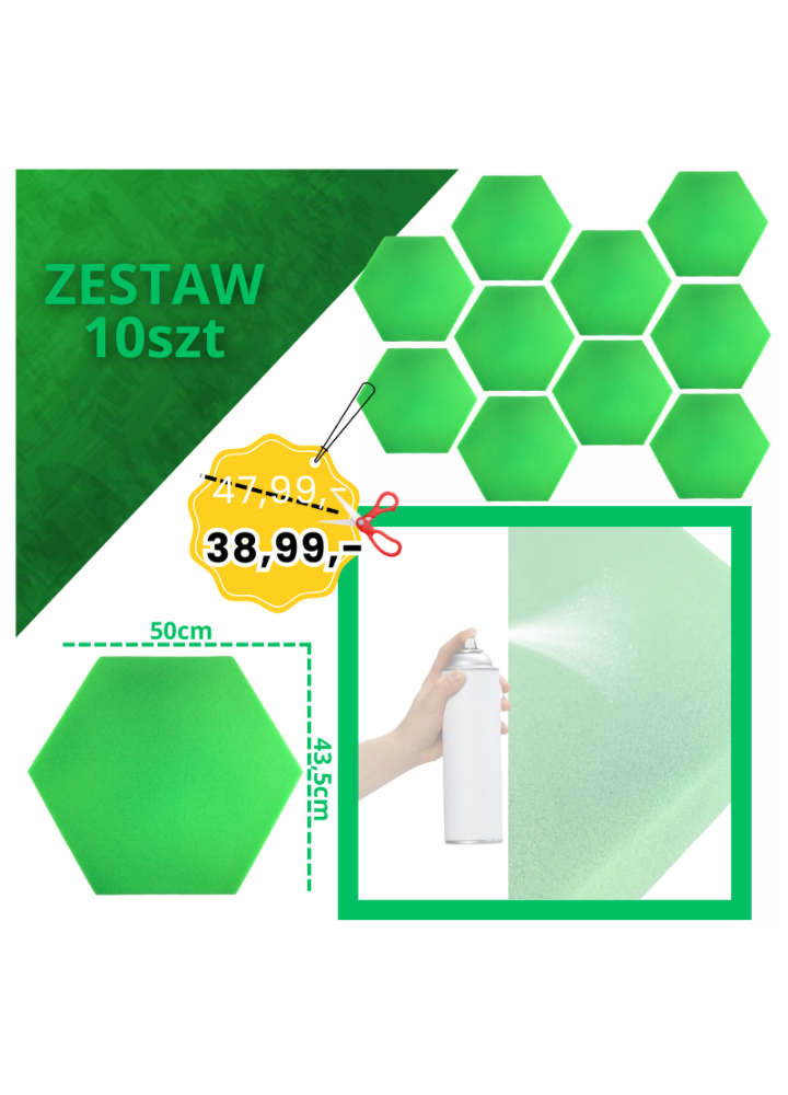 DNA AM3 GN panel akustyczny zestaw 10 szt. zielony sześciokątny pianka mata wygłuszająca redukcja echa pogłosu