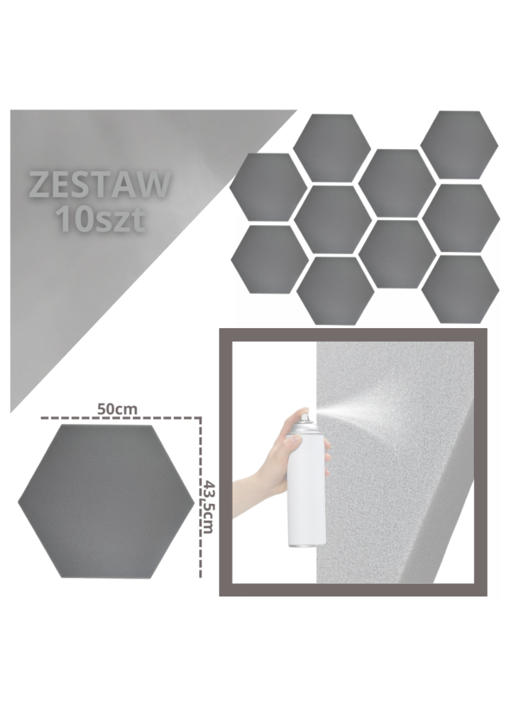 DNA AM3 GY panel akustyczny zestaw 10 szt. szary sześciokątny pianka mata wygłuszająca redukcja echa pogłosu POWYSTAWOWA