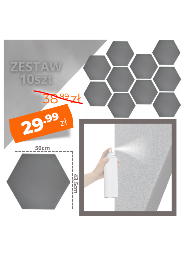 DNA AM3 GY panel akustyczny zestaw 10 szt. szary sześciokątny pianka mata wygłuszająca redukcja echa pogłosu