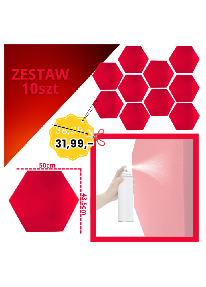 DNA AM3 RD panel akustyczny zestaw 10 szt. czerwony sześciokątny pianka mata wygłuszająca redukcja echa pogłosu