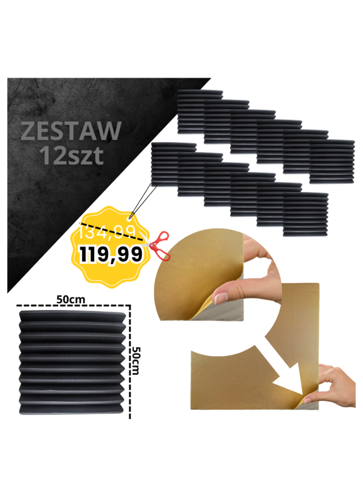 DNA AM4 BK panel akustyczny zestaw 12 szt. czarny samoprzylepna pianka mata wygłuszająca redukcja echa pogłosu