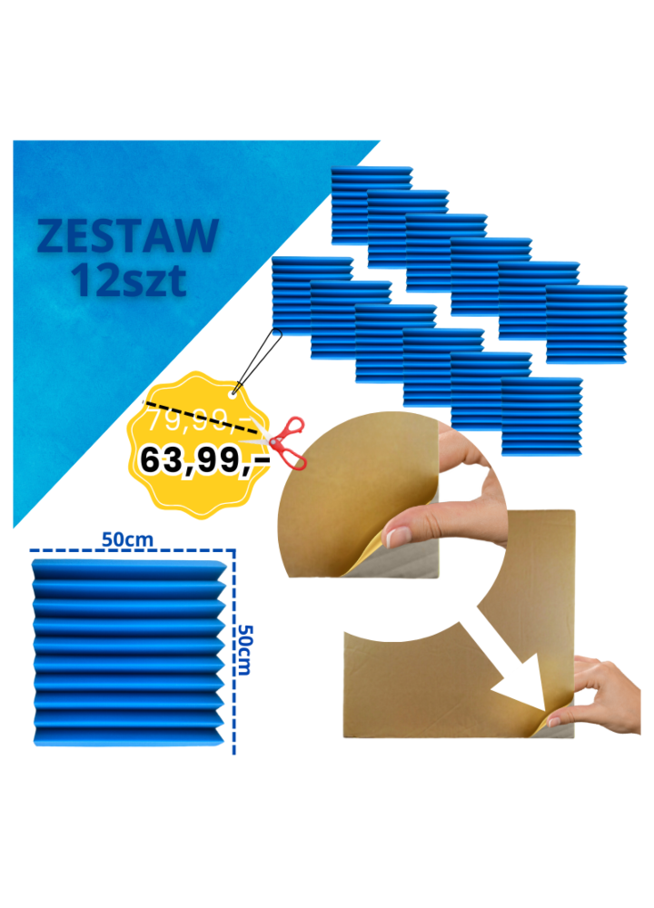 DNA AM4 BL panel akustyczny zestaw 12 szt. niebieski samoprzylepna pianka mata wygłuszająca redukcja echa pogłosu