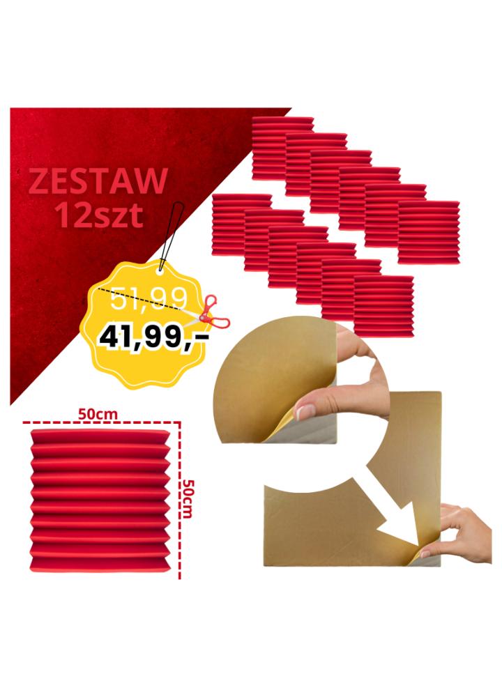 DNA AM4 RD panel akustyczny zestaw 12 szt. czerwony samoprzylepna pianka mata wygłuszająca redukcja echa pogłosu