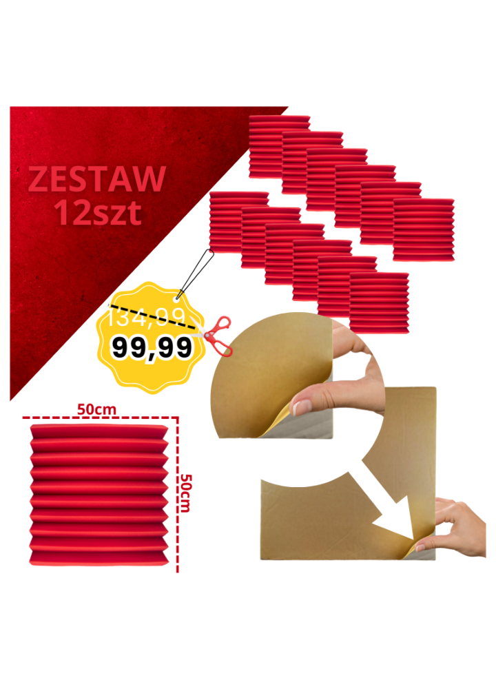 DNA AM4 RD panel akustyczny zestaw 12 szt. czerwony samoprzylepna pianka mata wygłuszająca redukcja echa pogłosu