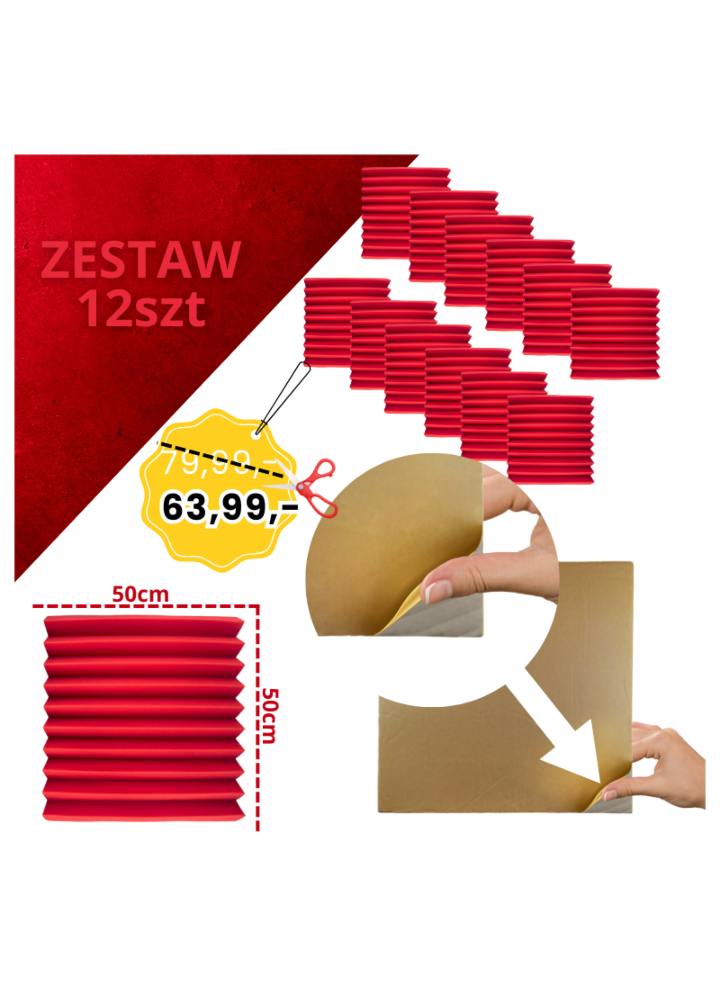 DNA AM4 RD panel akustyczny zestaw 12 szt. czerwony samoprzylepna pianka mata wygłuszająca redukcja echa pogłosu