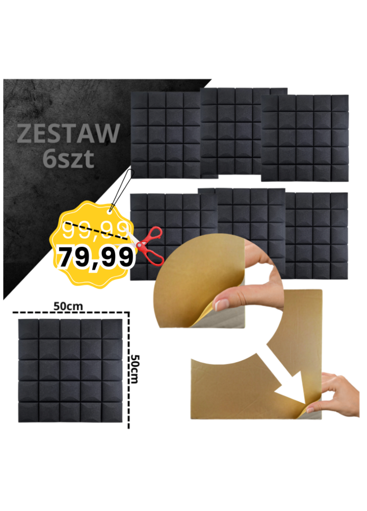 DNA AM5 BK panel akustyczny zestaw 6 szt. czarny samoprzylepna pianka mata wygłuszająca redukcja echa pogłosu