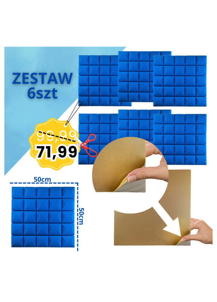 DNA AM5 BL panel akustyczny zestaw 6 szt. niebieski samoprzylepna pianka mata wygłuszająca redukcja echa pogłosu