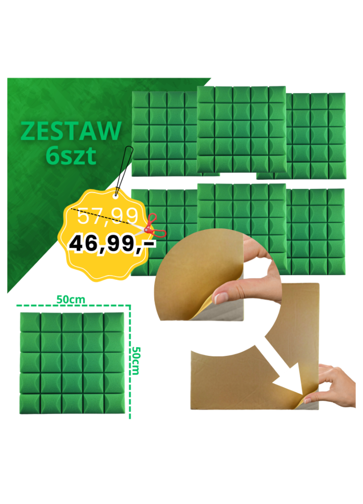 DNA AM5 GN panel akustyczny zestaw 6 szt. zielony samoprzylepna pianka mata wygłuszająca redukcja echa pogłosu