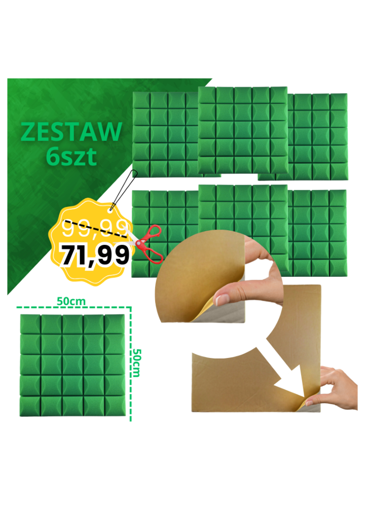 DNA AM5 GN panel akustyczny zestaw 6 szt. zielony samoprzylepna pianka mata wygłuszająca redukcja echa pogłosu