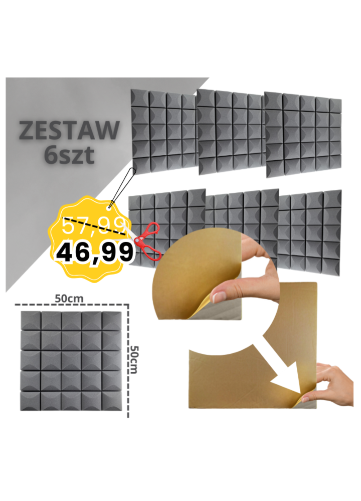 DNA AM5 GY panel akustyczny zestaw 6 szt. szary samoprzylepna pianka mata wygłuszająca redukcja echa pogłosu