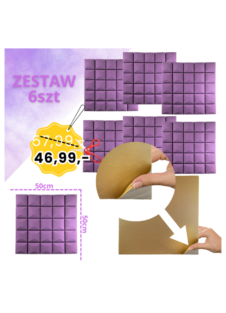 DNA AM5 PR panel akustyczny zestaw 6 szt. fioletowy samoprzylepna pianka mata wygłuszająca redukcja echa pogłosu
