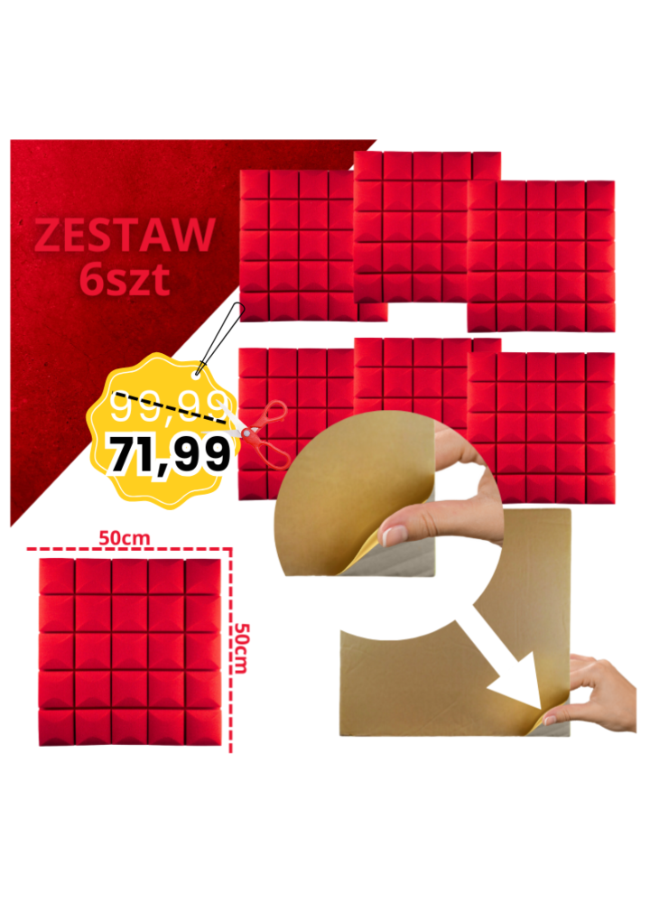 DNA AM5 RD panel akustyczny zestaw 6 szt. czerwony samoprzylepna pianka mata wygłuszająca redukcja echa pogłosu