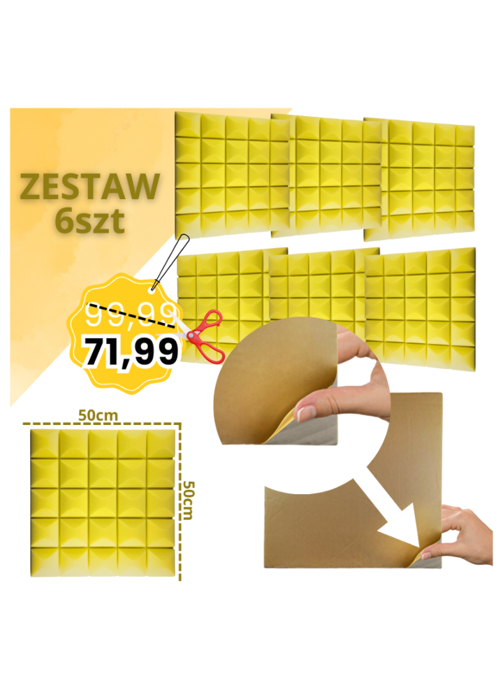 DNA AM5 YL panel akustyczny zestaw 6 szt. żółty samoprzylepna pianka mata wygłuszająca redukcja echa pogłosu
