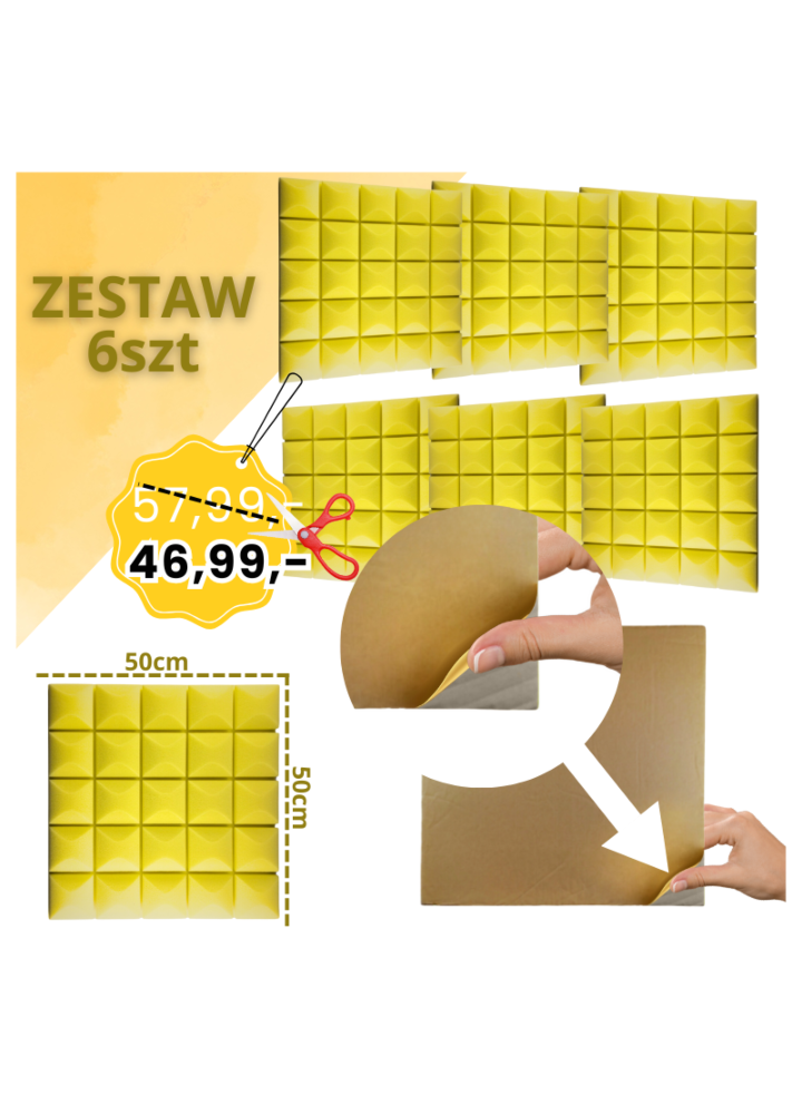 DNA AM5 YL panel akustyczny zestaw 6 szt. żółty samoprzylepna pianka mata wygłuszająca redukcja echa pogłosu