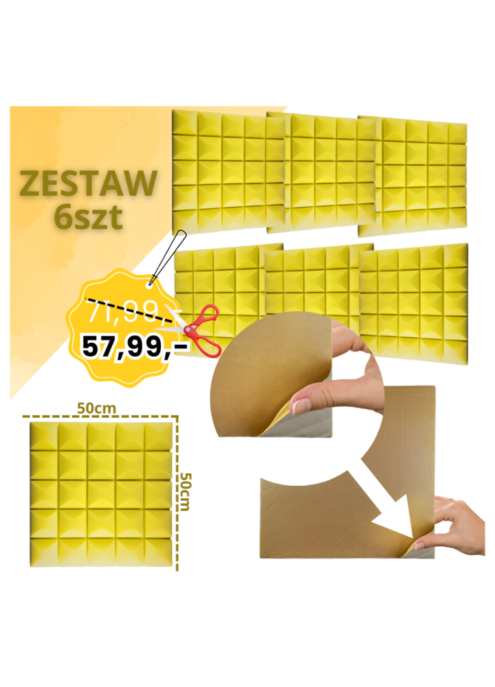 DNA AM5 YL panel akustyczny zestaw 6 szt. żółty samoprzylepna pianka mata wygłuszająca redukcja echa pogłosu