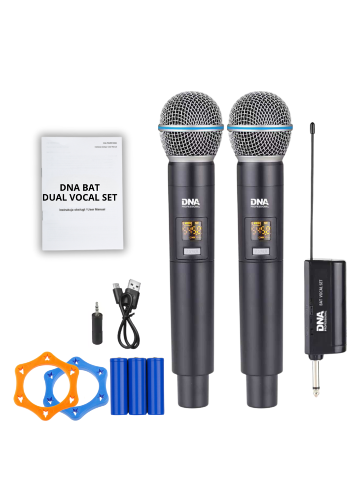 DNA BAT DUAL VOCAL SET zestaw bezprzewodowy akumulatorowy 2x mikrofon doręczny odbiornik UHF 518-542 MHz pierścień przeciw toczeniu adapter jack 6,35 mm - jack 3,5 mm 2x osłona przeciwwietrzna