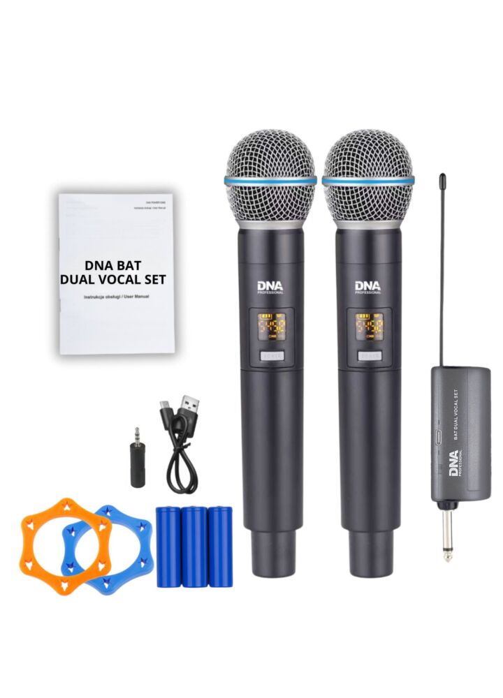 DNA BAT DUAL VOCAL SET zestaw bezprzewodowy akumulatorowy 2x mikrofon doręczny odbiornik UHF 518-542 MHz pierścień przeciw toczeniu adapter jack 6,35 mm - jack 3,5 mm 2x osłona przeciwwietrzna
