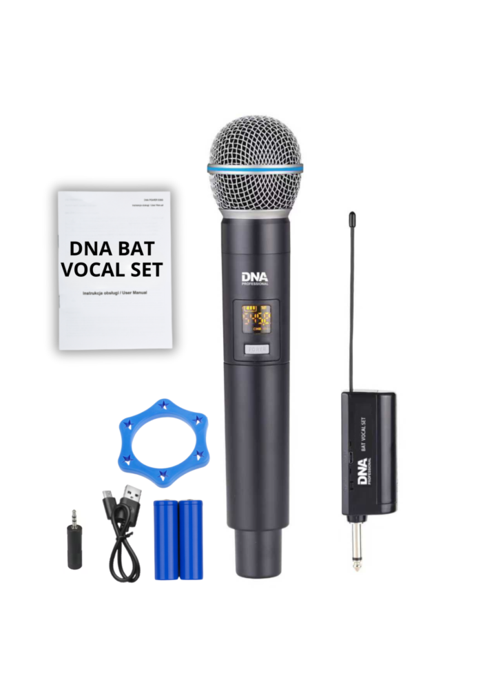DNA BAT VOCAL SET zestaw bezprzewodowy akumulatorowy mikrofon doręczny odbiornik UHF 518-542 MHz pierścień przeciw toczeniu adapter jack 6,35 mm - jack 3,5 mm 2x osłona przeciwwietrzna
