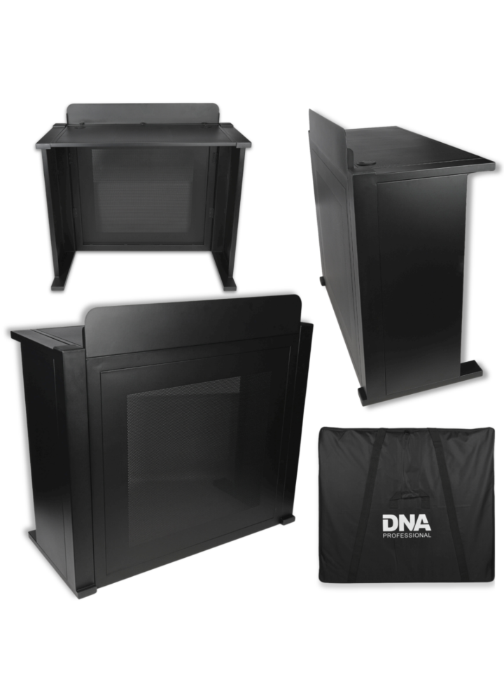 DNA DJ BOOTH MESH BK stanowisko DJ stół czarny stalowy siatka perforowana osłona blatu pokrowiec transportowy zestaw do 50 kg