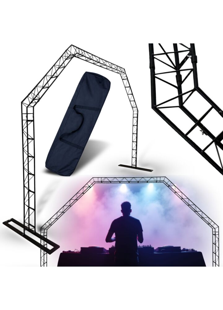 DNA DJ GATE rampa oświetleniowa statyw DJ brama wolnostojąca konstrukcja sceniczna łuk do 25 kg stal czarna 2x podstawa torba transportowa zestaw
