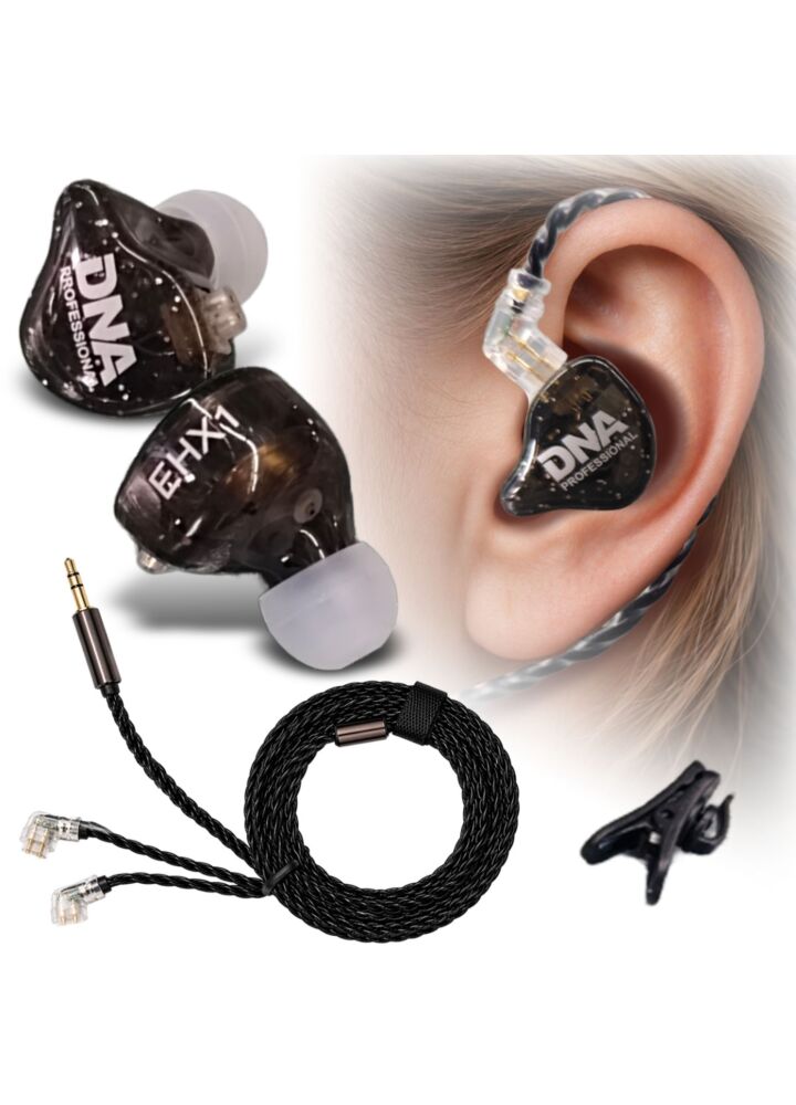 DNA EHX1 słuchawki douszne zamknięte przewodowe monitorowe IEM odczepiany skręcany przewód słuchawkowy 1,5 m 3 pary nakładek S/M/L klips do przewodu